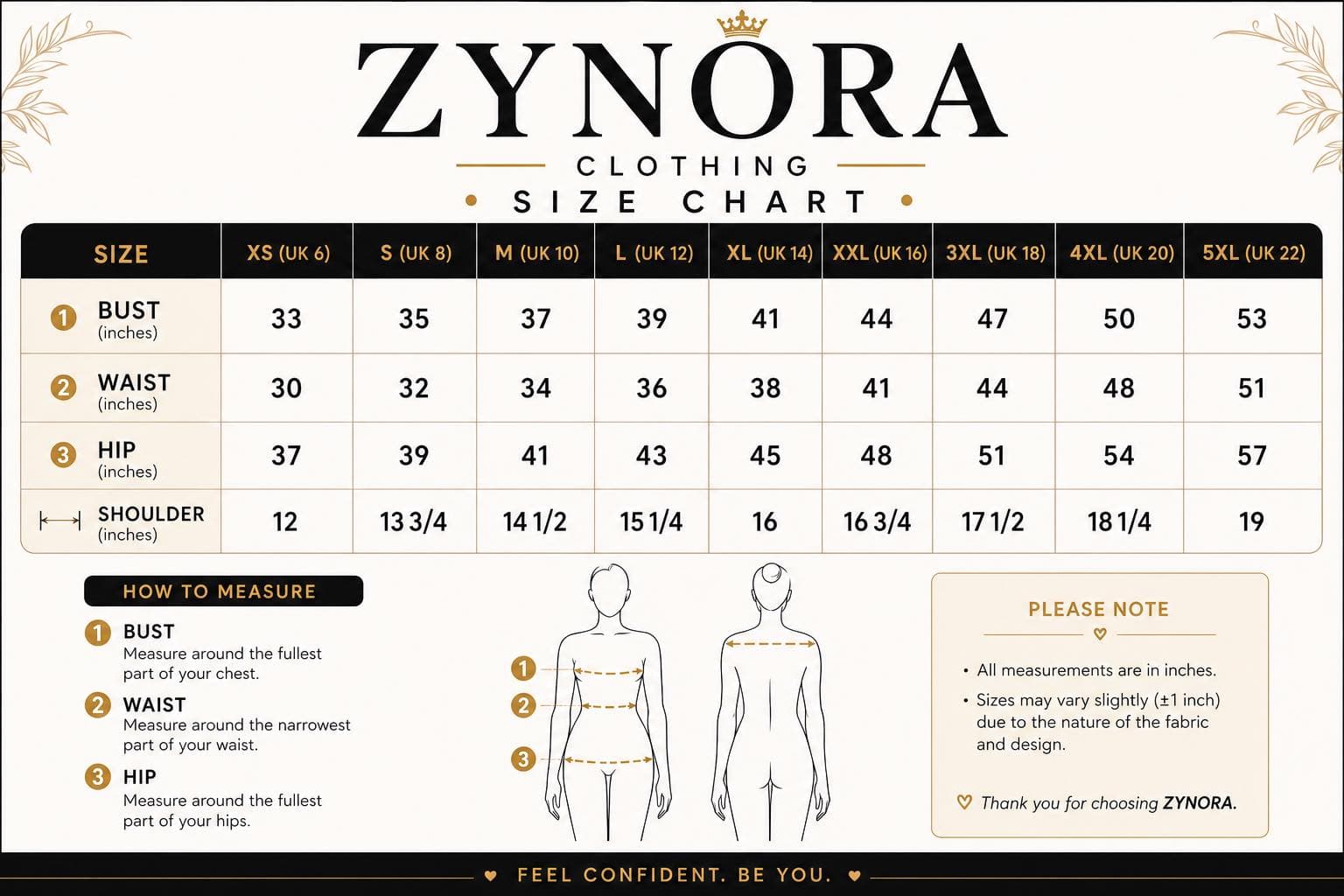 ZYNORA size chart